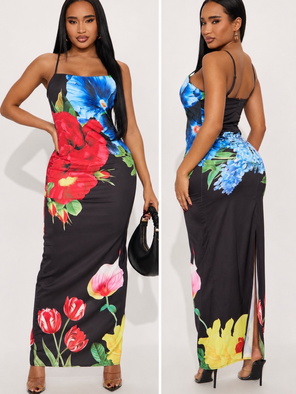 Fashion Nova Black Maxi Dress with Red, Blue, Yellow & Pink Floral Print